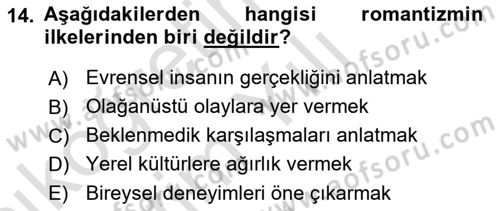 Batı Edebiyatında Akımlar 1 Dersi 2021 - 2022 Yılı Yaz Okulu Sınav Soruları 14. Soru