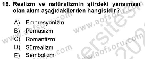 Batı Edebiyatında Akımlar 1 Dersi 2021 - 2022 Yılı Yaz Okulu Sınav Soruları 18. Soru