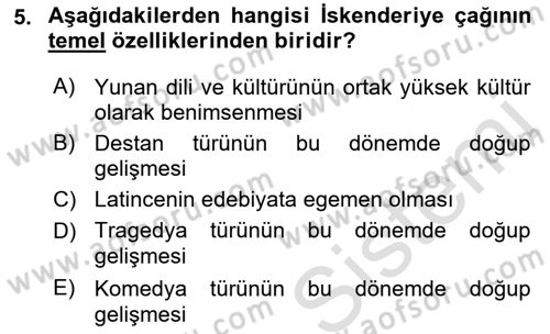 Batı Edebiyatında Akımlar 1 Dersi 2021 - 2022 Yılı Yaz Okulu Sınav Soruları 5. Soru