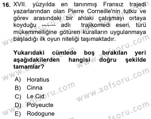 Batı Edebiyatında Akımlar 1 Dersi 2022 - 2023 Yılı (Vize) Ara Sınav Soruları 16. Soru