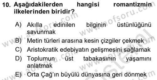 Batı Edebiyatında Akımlar 1 Dersi 2022 - 2023 Yılı (Final) Dönem Sonu Sınav Soruları 10. Soru