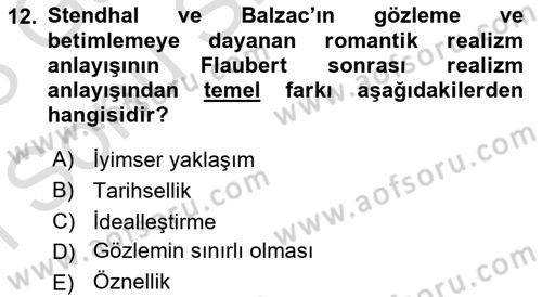 Batı Edebiyatında Akımlar 1 Dersi 2022 - 2023 Yılı (Final) Dönem Sonu Sınav Soruları 12. Soru