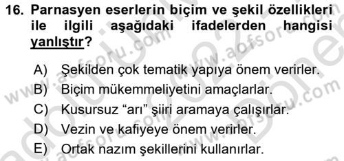 Batı Edebiyatında Akımlar 1 Dersi 2022 - 2023 Yılı (Final) Dönem Sonu Sınav Soruları 16. Soru