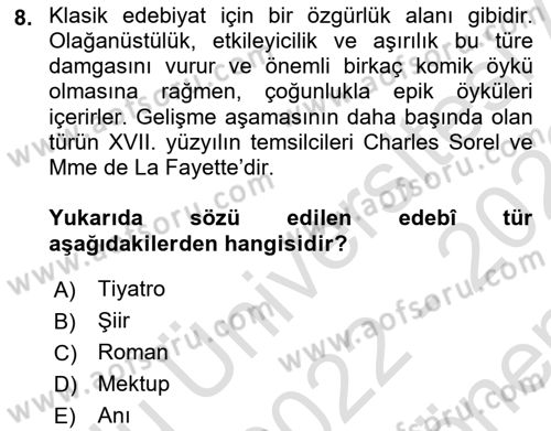 Batı Edebiyatında Akımlar 1 Dersi 2022 - 2023 Yılı (Final) Dönem Sonu Sınavı 8. Soru