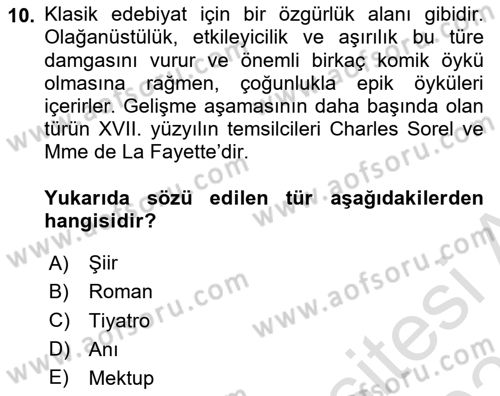Batı Edebiyatında Akımlar 1 Dersi 2022 - 2023 Yılı Yaz Okulu Sınav Soruları 10. Soru