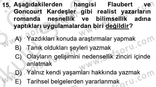 Batı Edebiyatında Akımlar 1 Dersi 2022 - 2023 Yılı Yaz Okulu Sınav Soruları 15. Soru