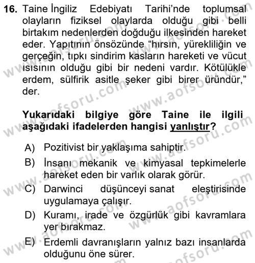 Batı Edebiyatında Akımlar 1 Dersi 2022 - 2023 Yılı Yaz Okulu Sınav Soruları 16. Soru