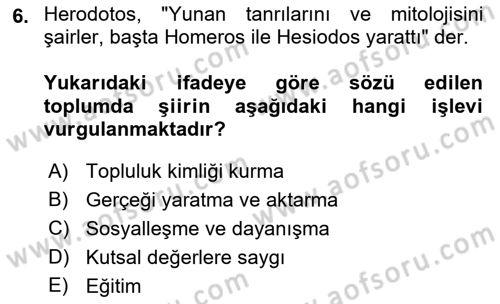 Batı Edebiyatında Akımlar 1 Dersi 2023 - 2024 Yılı (Vize) Ara Sınav Soruları 6. Soru
