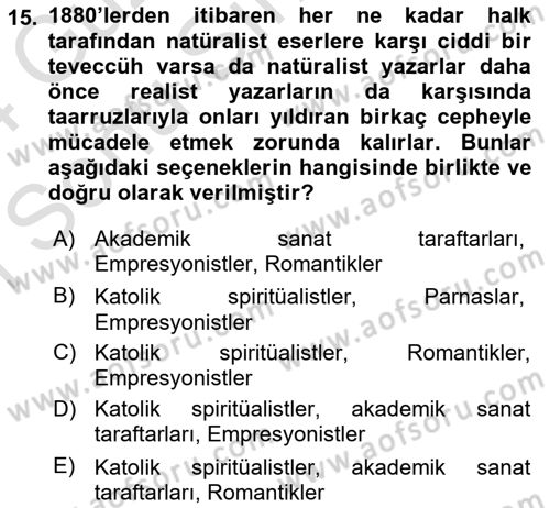 Batı Edebiyatında Akımlar 1 Dersi 2023 - 2024 Yılı (Final) Dönem Sonu Sınav Soruları 15. Soru