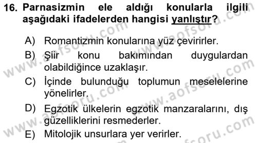 Batı Edebiyatında Akımlar 1 Dersi 2023 - 2024 Yılı (Final) Dönem Sonu Sınav Soruları 16. Soru