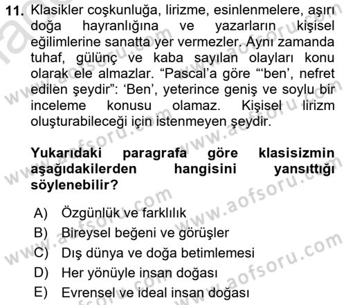 Batı Edebiyatında Akımlar 1 Dersi 2023 - 2024 Yılı Yaz Okulu Sınav Soruları 11. Soru