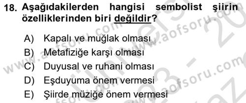 Batı Edebiyatında Akımlar 1 Dersi 2023 - 2024 Yılı Yaz Okulu Sınav Soruları 18. Soru