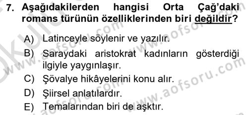 Batı Edebiyatında Akımlar 1 Dersi 2023 - 2024 Yılı Yaz Okulu Sınav Soruları 7. Soru