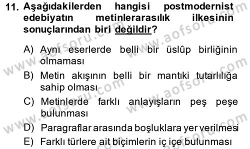Batı Edebiyatında Akımlar 2 Dersi 2013 - 2014 Yılı (Final) Dönem Sonu Sınav Soruları 11. Soru