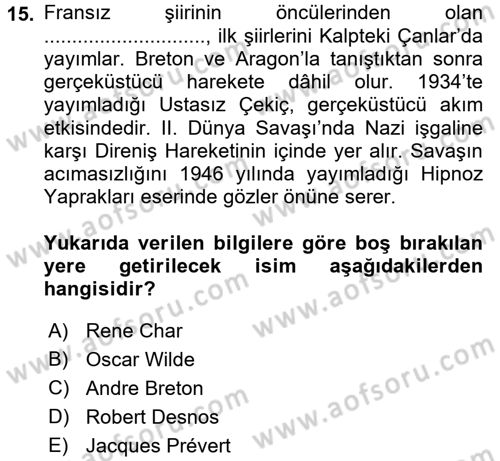 Batı Edebiyatında Akımlar 2 Dersi 2016 - 2017 Yılı (Vize) Ara Sınav Soruları 15. Soru