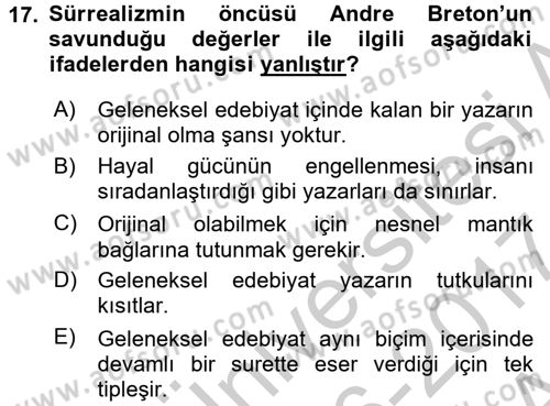 Batı Edebiyatında Akımlar 2 Dersi 2016 - 2017 Yılı (Vize) Ara Sınav Soruları 17. Soru