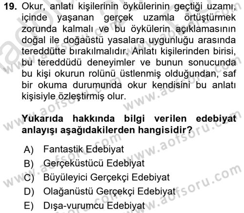 Batı Edebiyatında Akımlar 2 Dersi 2016 - 2017 Yılı (Final) Dönem Sonu Sınav Soruları 19. Soru