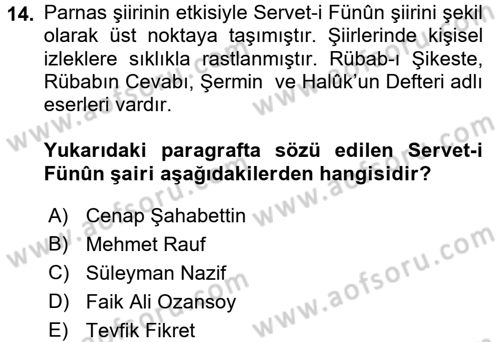Batı Edebiyatında Akımlar 2 Dersi 2017 - 2018 Yılı (Final) Dönem Sonu Sınav Soruları 14. Soru