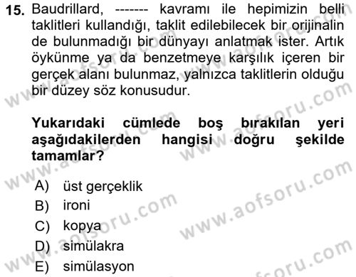 Batı Edebiyatında Akımlar 2 Dersi 2017 - 2018 Yılı (Final) Dönem Sonu Sınav Soruları 15. Soru