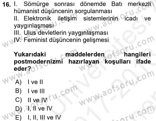 Batı Edebiyatında Akımlar 2 Dersi 2017 - 2018 Yılı (Final) Dönem Sonu Sınav Soruları 16. Soru