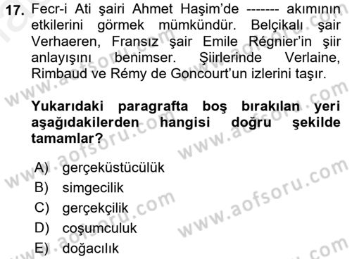 Batı Edebiyatında Akımlar 2 Dersi 2017 - 2018 Yılı (Final) Dönem Sonu Sınav Soruları 17. Soru
