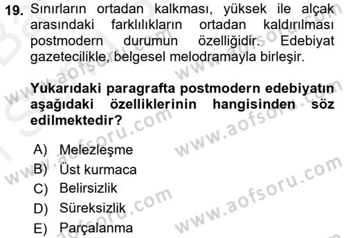 Batı Edebiyatında Akımlar 2 Dersi 2017 - 2018 Yılı (Final) Dönem Sonu Sınav Soruları 19. Soru