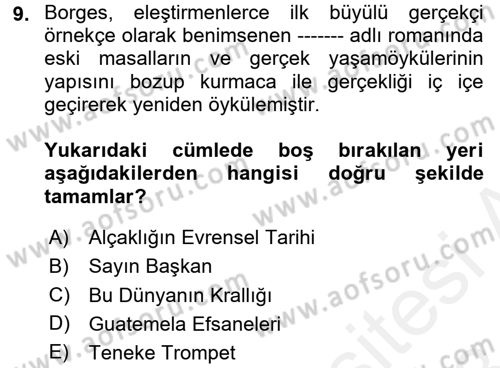 Batı Edebiyatında Akımlar 2 Dersi 2017 - 2018 Yılı (Final) Dönem Sonu Sınav Soruları 9. Soru