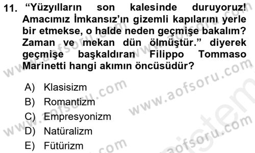 Batı Edebiyatında Akımlar 2 Dersi 2018 - 2019 Yılı (Vize) Ara Sınav Soruları 11. Soru