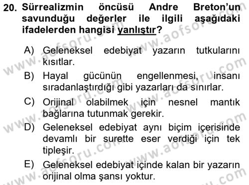 Batı Edebiyatında Akımlar 2 Dersi 2018 - 2019 Yılı (Vize) Ara Sınav Soruları 20. Soru