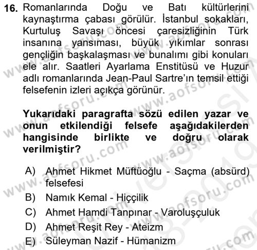 Batı Edebiyatında Akımlar 2 Dersi 2018 - 2019 Yılı (Final) Dönem Sonu Sınav Soruları 16. Soru