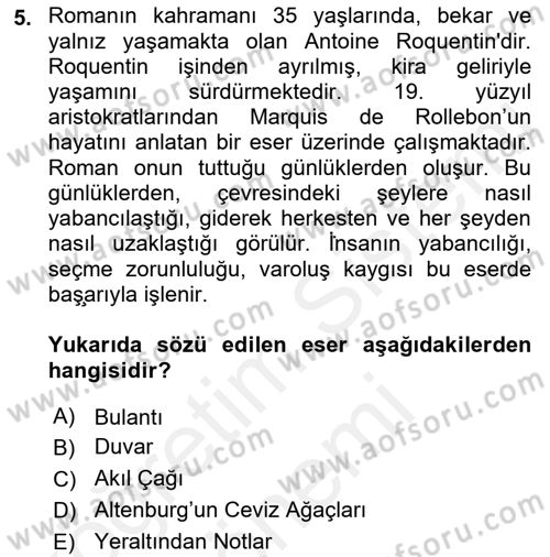 Batı Edebiyatında Akımlar 2 Dersi 2018 - 2019 Yılı (Final) Dönem Sonu Sınav Soruları 5. Soru