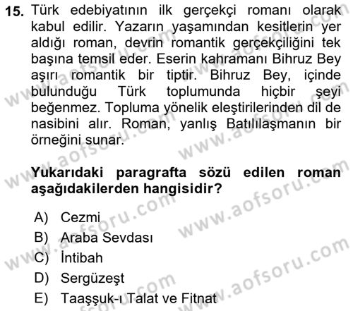 Batı Edebiyatında Akımlar 2 Dersi 2018 - 2019 Yılı Yaz Okulu Sınav Soruları 15. Soru