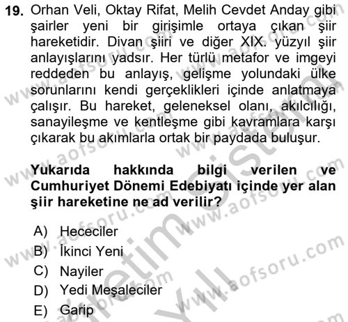 Batı Edebiyatında Akımlar 2 Dersi 2018 - 2019 Yılı Yaz Okulu Sınav Soruları 19. Soru