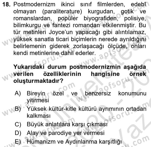 Batı Edebiyatında Akımlar 2 Dersi 2020 - 2021 Yılı Yaz Okulu Sınav Soruları 18. Soru