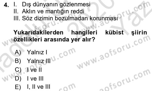 Batı Edebiyatında Akımlar 2 Dersi 2020 - 2021 Yılı Yaz Okulu Sınav Soruları 4. Soru