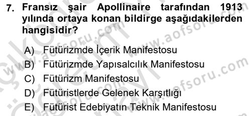 Batı Edebiyatında Akımlar 2 Dersi 2020 - 2021 Yılı Yaz Okulu Sınav Soruları 7. Soru