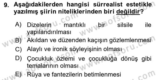 Batı Edebiyatında Akımlar 2 Dersi 2020 - 2021 Yılı Yaz Okulu Sınav Soruları 9. Soru
