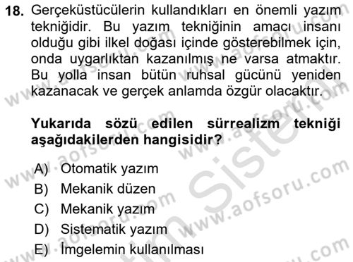 Batı Edebiyatında Akımlar 2 Dersi 2021 - 2022 Yılı (Vize) Ara Sınav Soruları 18. Soru