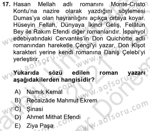 Batı Edebiyatında Akımlar 2 Dersi 2021 - 2022 Yılı (Final) Dönem Sonu Sınav Soruları 17. Soru
