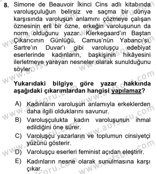 Batı Edebiyatında Akımlar 2 Dersi 2021 - 2022 Yılı (Final) Dönem Sonu Sınav Soruları 8. Soru