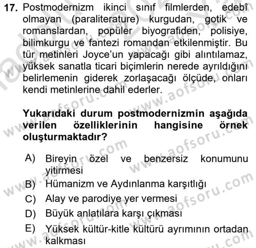 Batı Edebiyatında Akımlar 2 Dersi 2021 - 2022 Yılı Yaz Okulu Sınav Soruları 17. Soru
