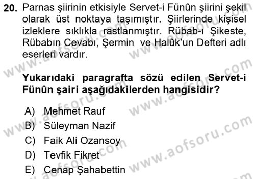 Batı Edebiyatında Akımlar 2 Dersi 2021 - 2022 Yılı Yaz Okulu Sınav Soruları 20. Soru