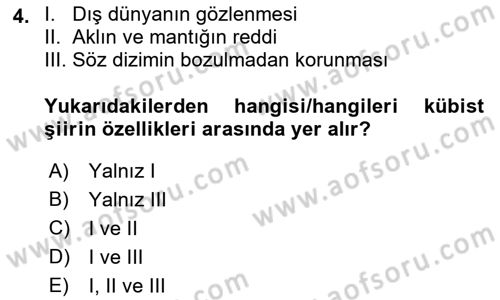 Batı Edebiyatında Akımlar 2 Dersi 2021 - 2022 Yılı Yaz Okulu Sınav Soruları 4. Soru