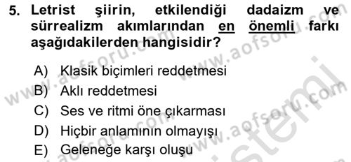 Batı Edebiyatında Akımlar 2 Dersi 2021 - 2022 Yılı Yaz Okulu Sınav Soruları 5. Soru