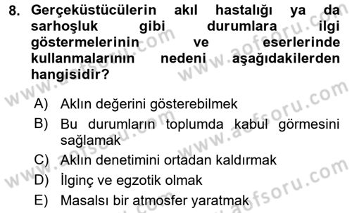 Batı Edebiyatında Akımlar 2 Dersi 2021 - 2022 Yılı Yaz Okulu Sınav Soruları 8. Soru