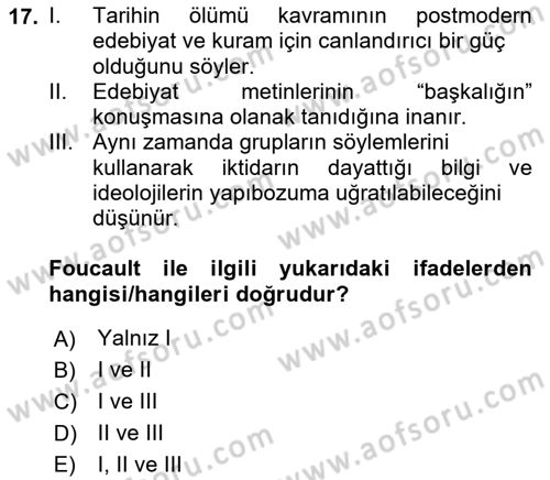 Batı Edebiyatında Akımlar 2 Dersi 2022 - 2023 Yılı Yaz Okulu Sınav Soruları 17. Soru