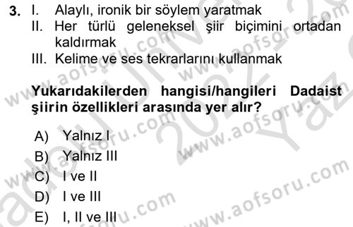 Batı Edebiyatında Akımlar 2 Dersi 2022 - 2023 Yılı Yaz Okulu Sınav Soruları 3. Soru