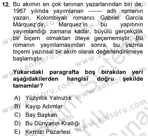 Batı Edebiyatında Akımlar 2 Dersi 2023 - 2024 Yılı (Final) Dönem Sonu Sınav Soruları 12. Soru