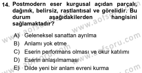 Batı Edebiyatında Akımlar 2 Dersi 2023 - 2024 Yılı (Final) Dönem Sonu Sınav Soruları 14. Soru
