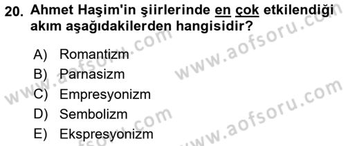 Batı Edebiyatında Akımlar 2 Dersi 2023 - 2024 Yılı (Final) Dönem Sonu Sınav Soruları 20. Soru